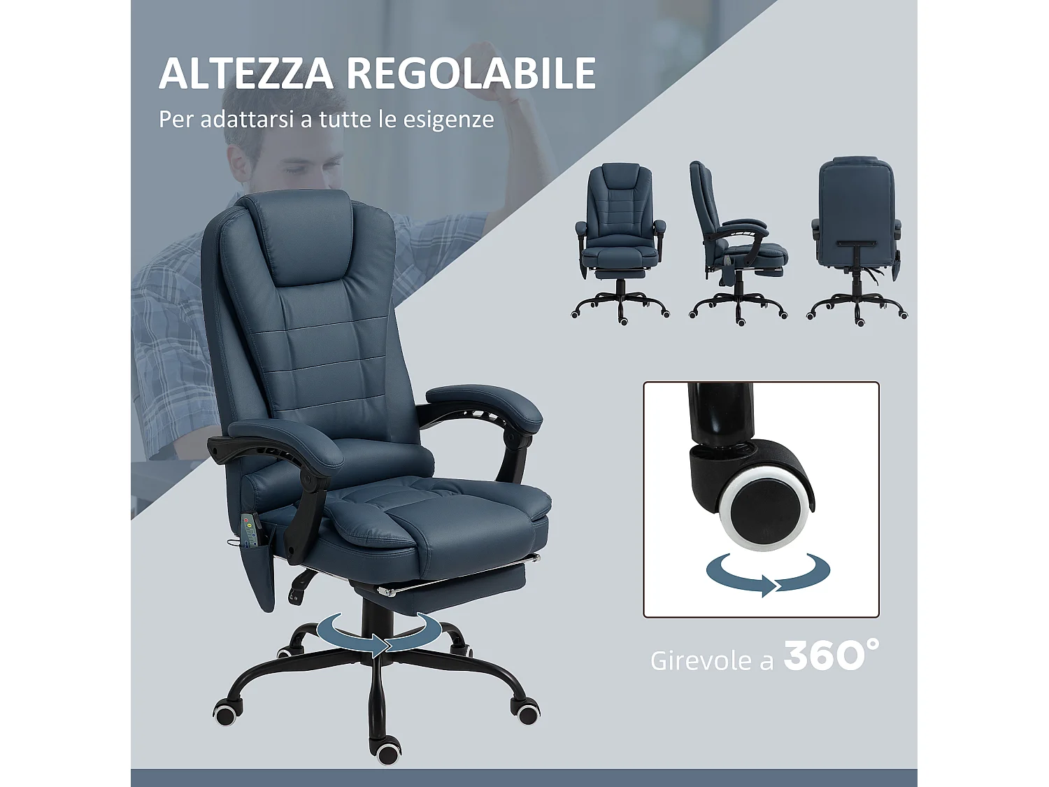 Poltrona ergonomica da ufficio reclinabile con poggiapiedi blu