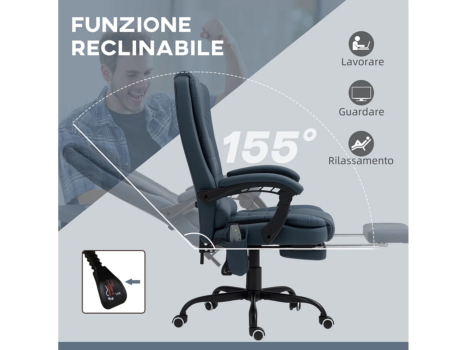 Poltrona ergonomica da ufficio reclinabile con poggiapiedi blu