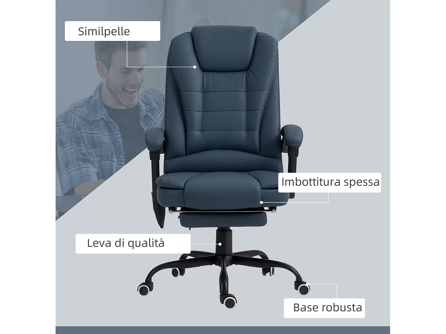 Poltrona ergonomica da ufficio reclinabile con poggiapiedi blu
