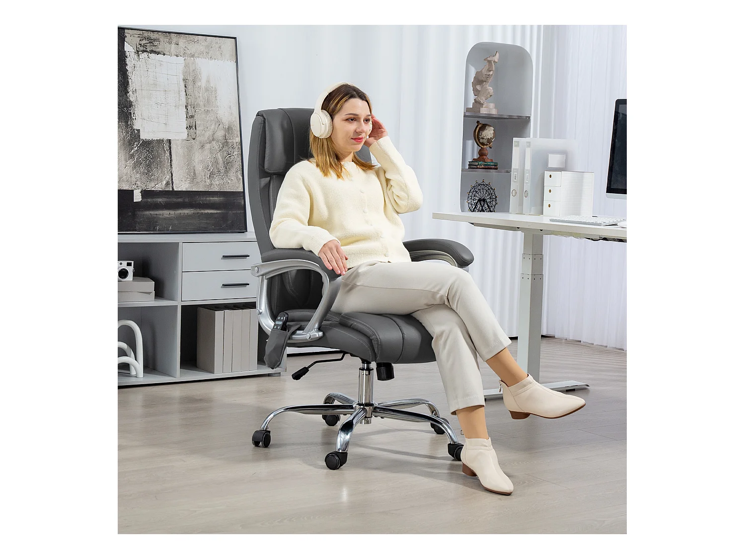 Sedia da ufficio massaggiante a 6 punti e inclinabile grigio carbone