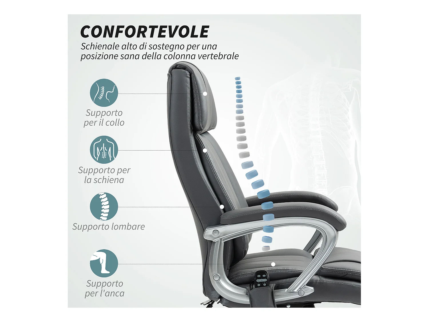 Sedia da ufficio massaggiante a 6 punti e inclinabile grigio carbone