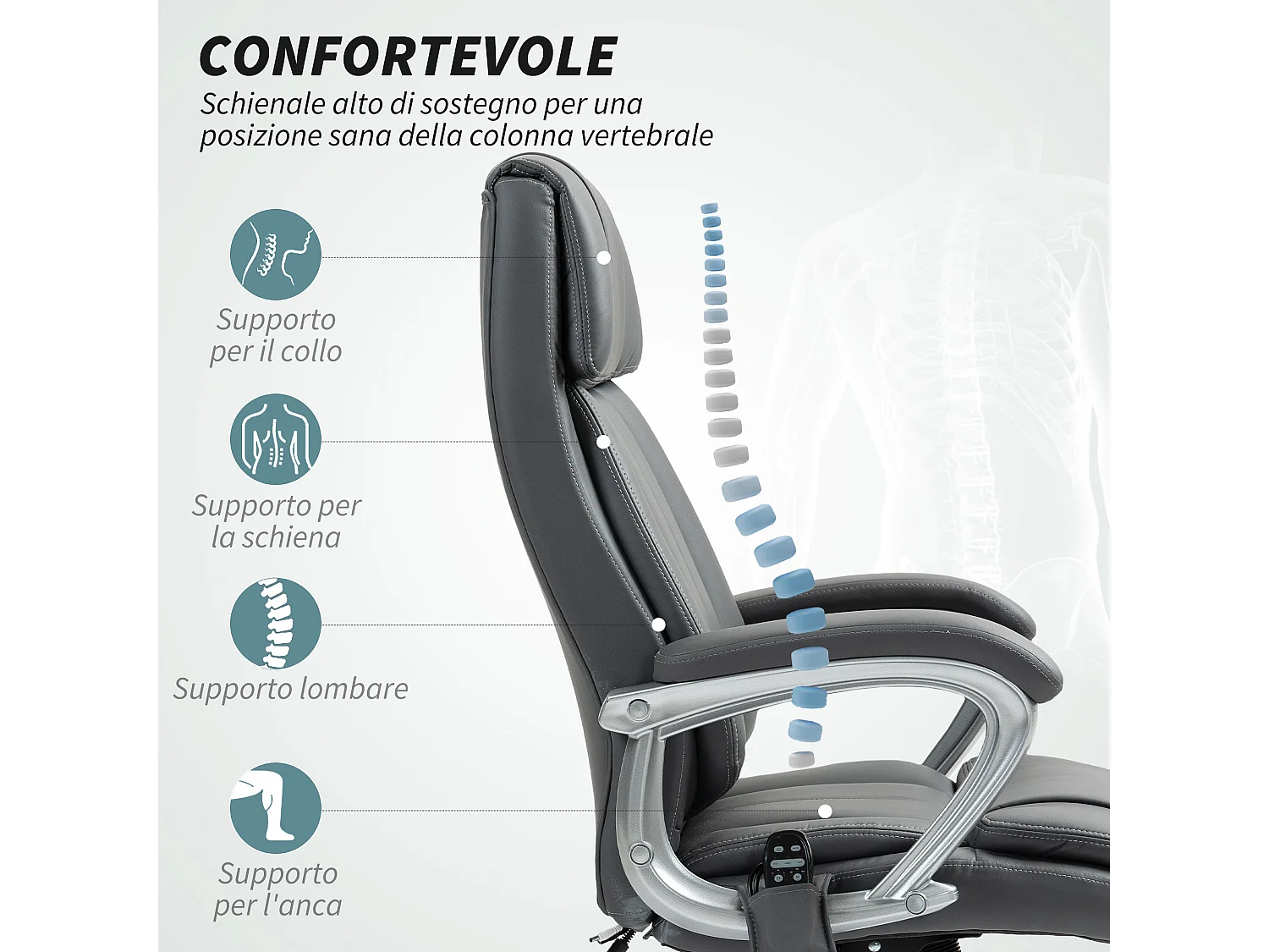 Sedia da ufficio massaggiante a 6 punti e inclinabile grigio carbone