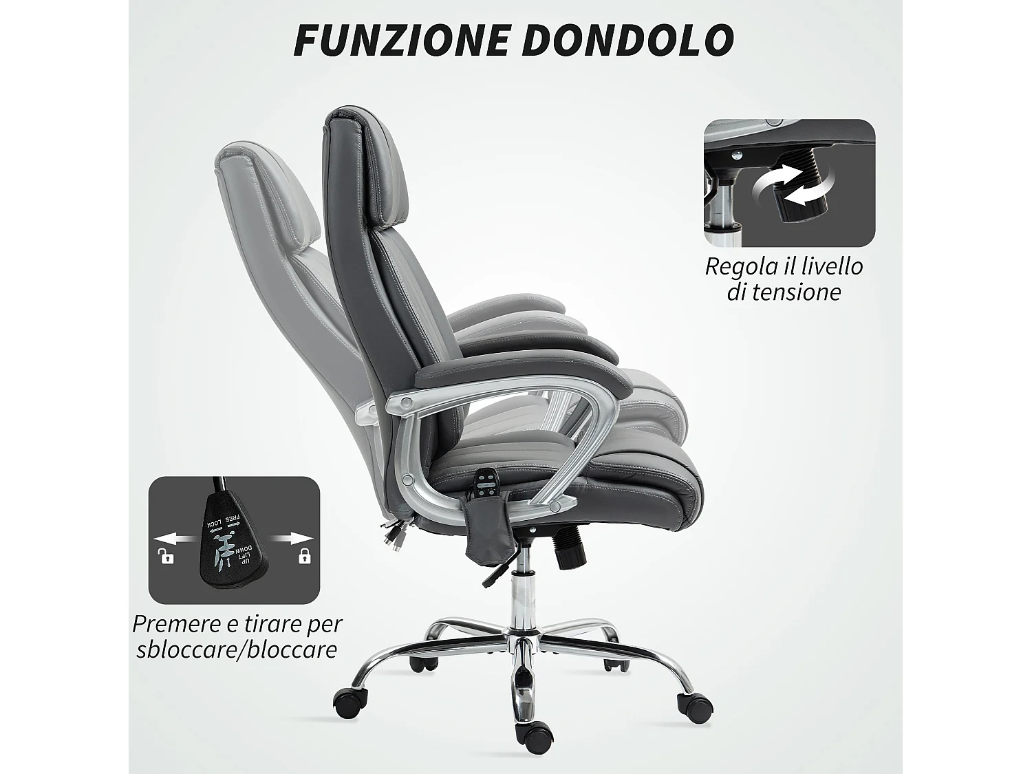 Sedia da ufficio massaggiante a 6 punti e inclinabile grigio carbone