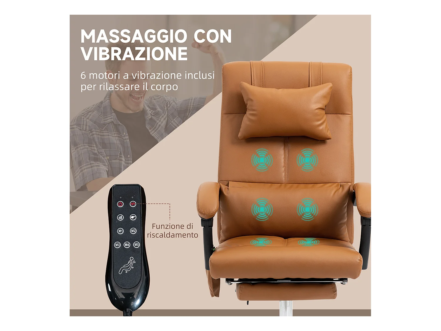 Sedia da ufficio massaggiante con poggiapiedi marrone chiaro