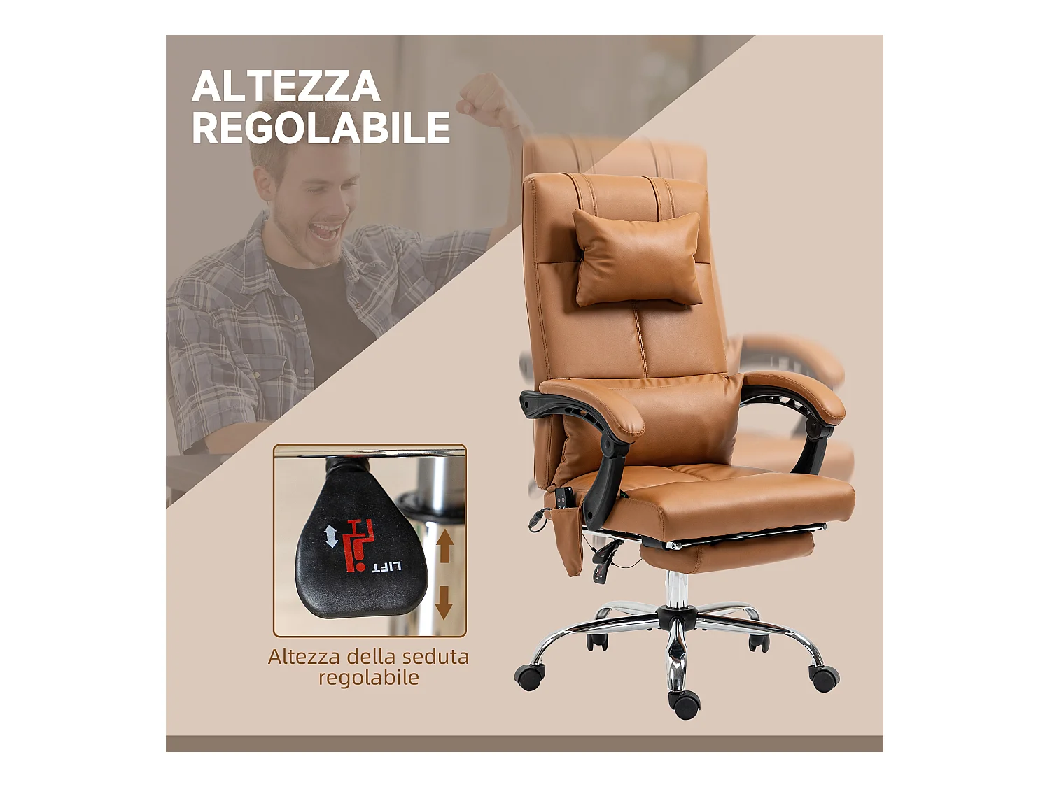 Sedia da ufficio massaggiante con poggiapiedi marrone chiaro