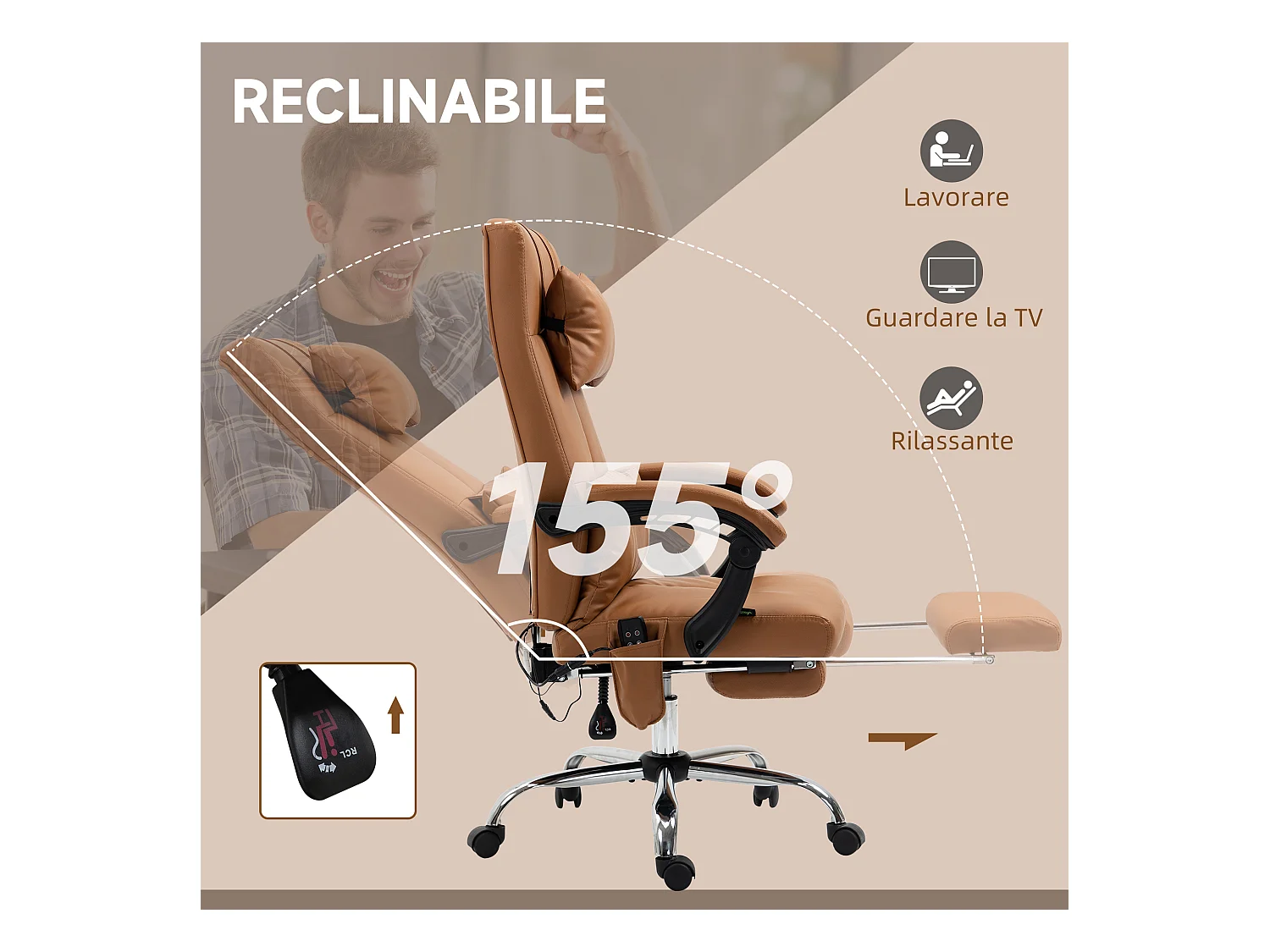 Sedia da ufficio massaggiante con poggiapiedi marrone chiaro