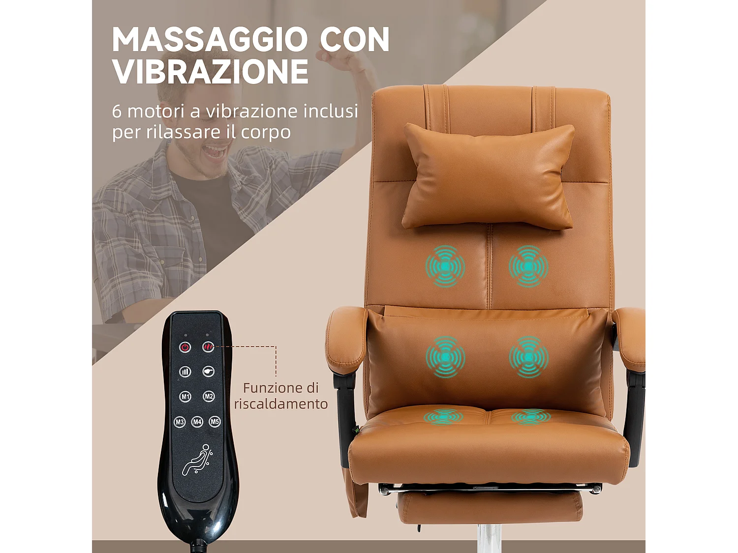 Sedia da ufficio massaggiante con poggiapiedi marrone chiaro