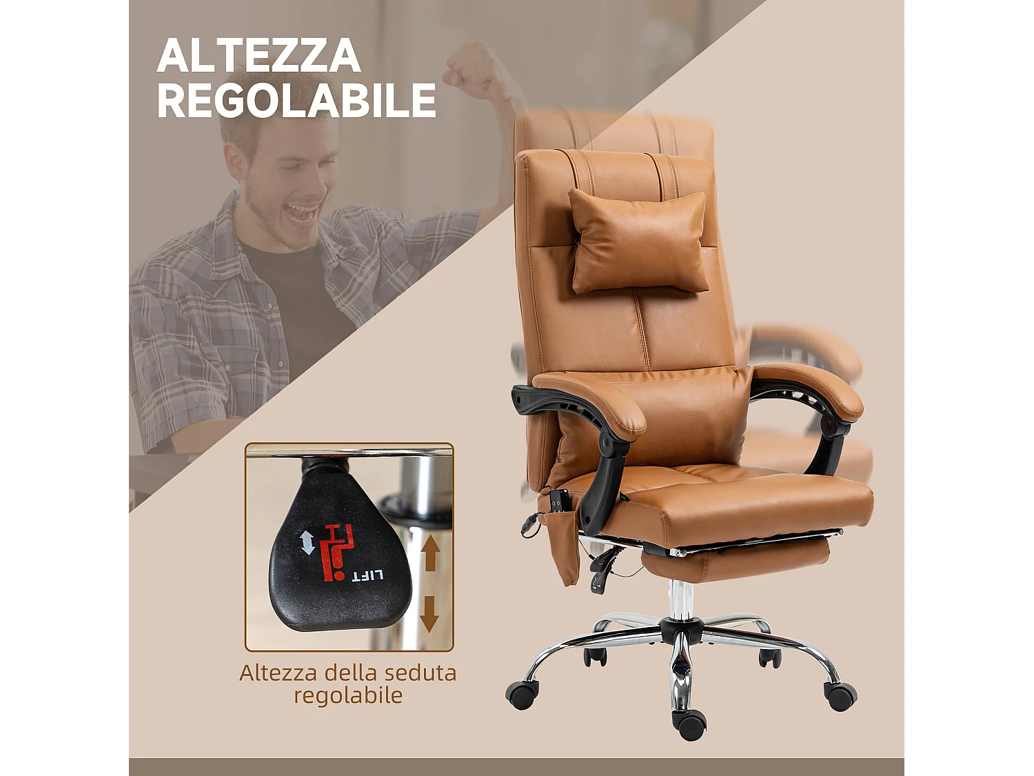 Sedia da ufficio massaggiante con poggiapiedi marrone chiaro