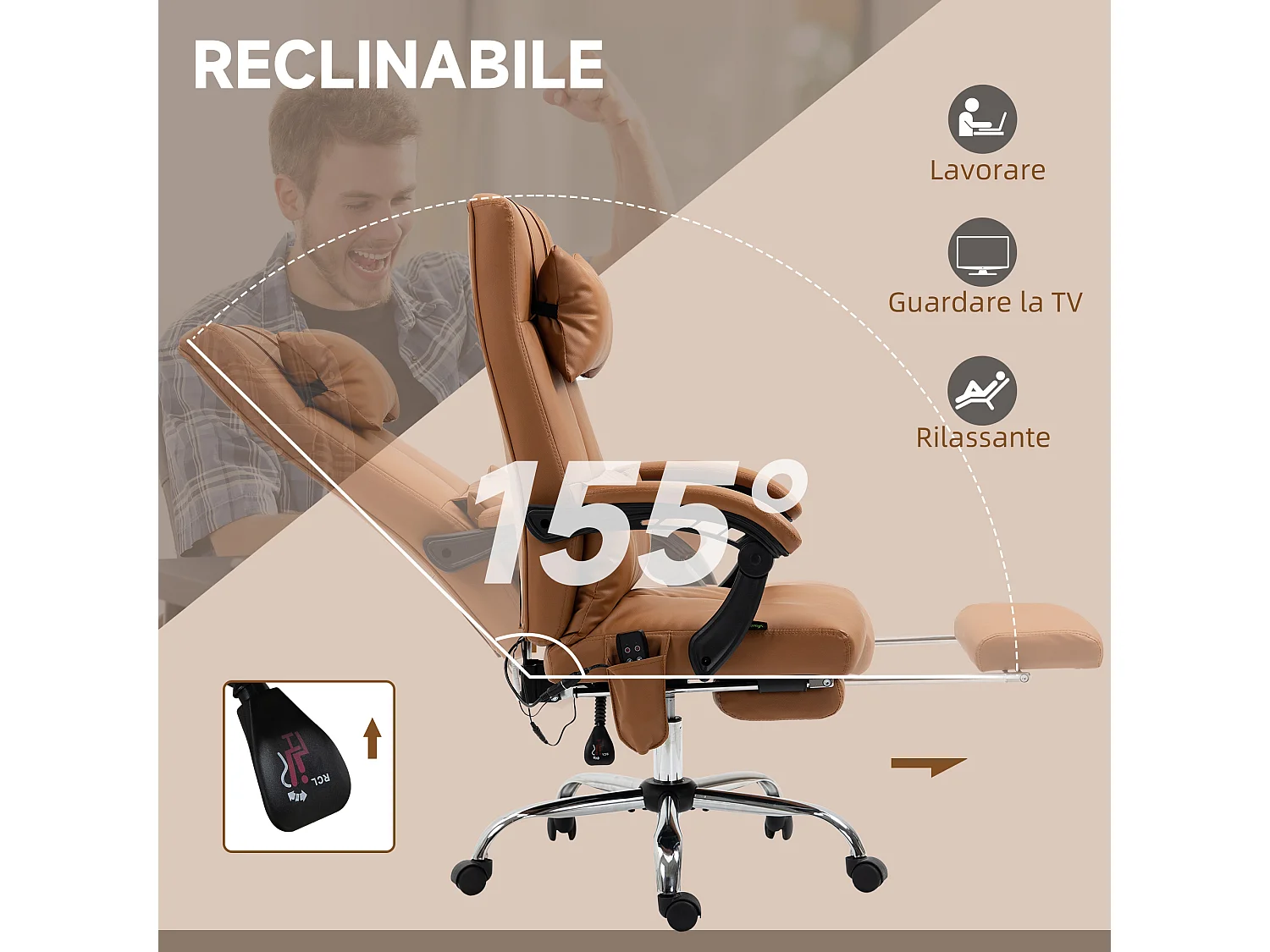 Sedia da ufficio massaggiante con poggiapiedi marrone chiaro