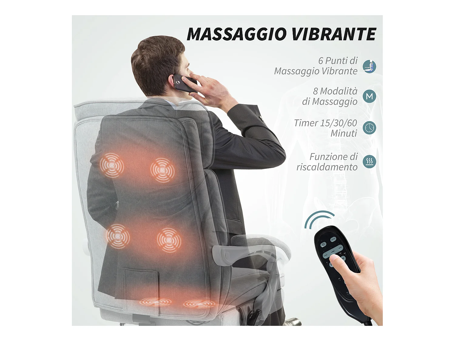 Sedia da ufficio massaggiante riscaldata e reclinabile grigio