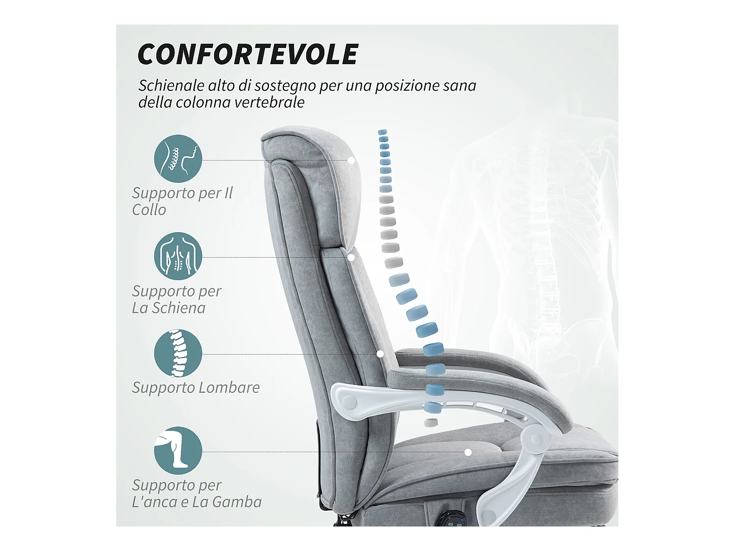 Sedia da ufficio massaggiante riscaldata e reclinabile grigio