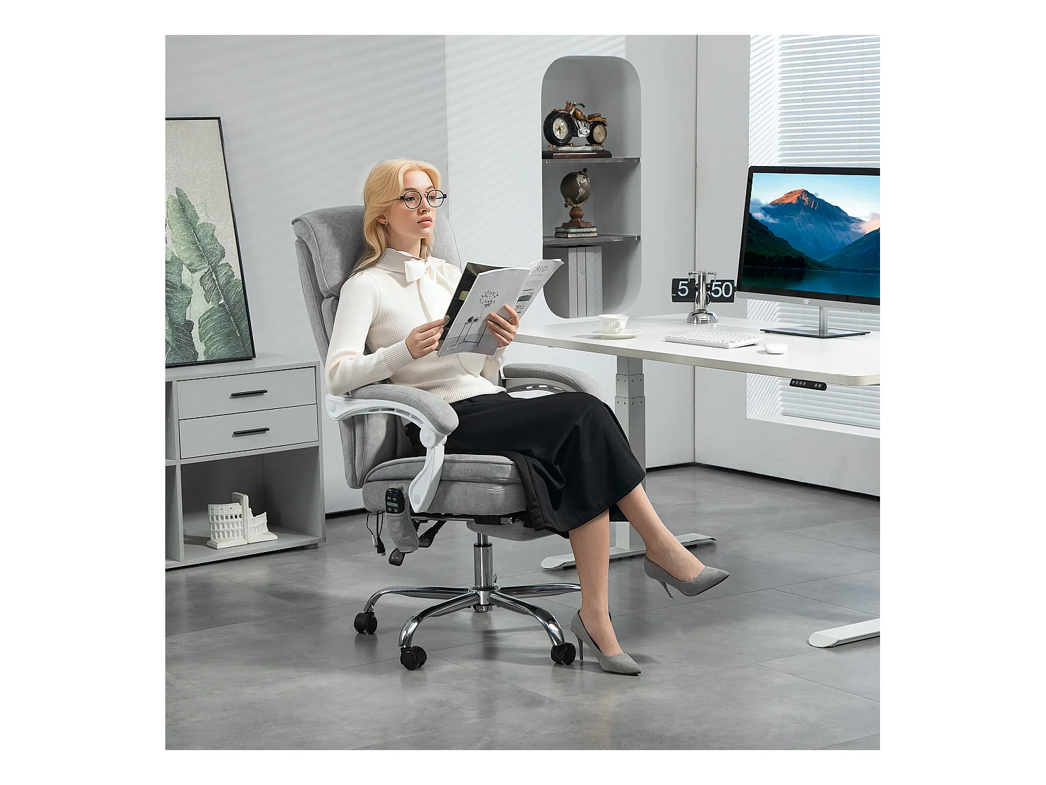 Sedia da ufficio massaggiante riscaldata e reclinabile grigio