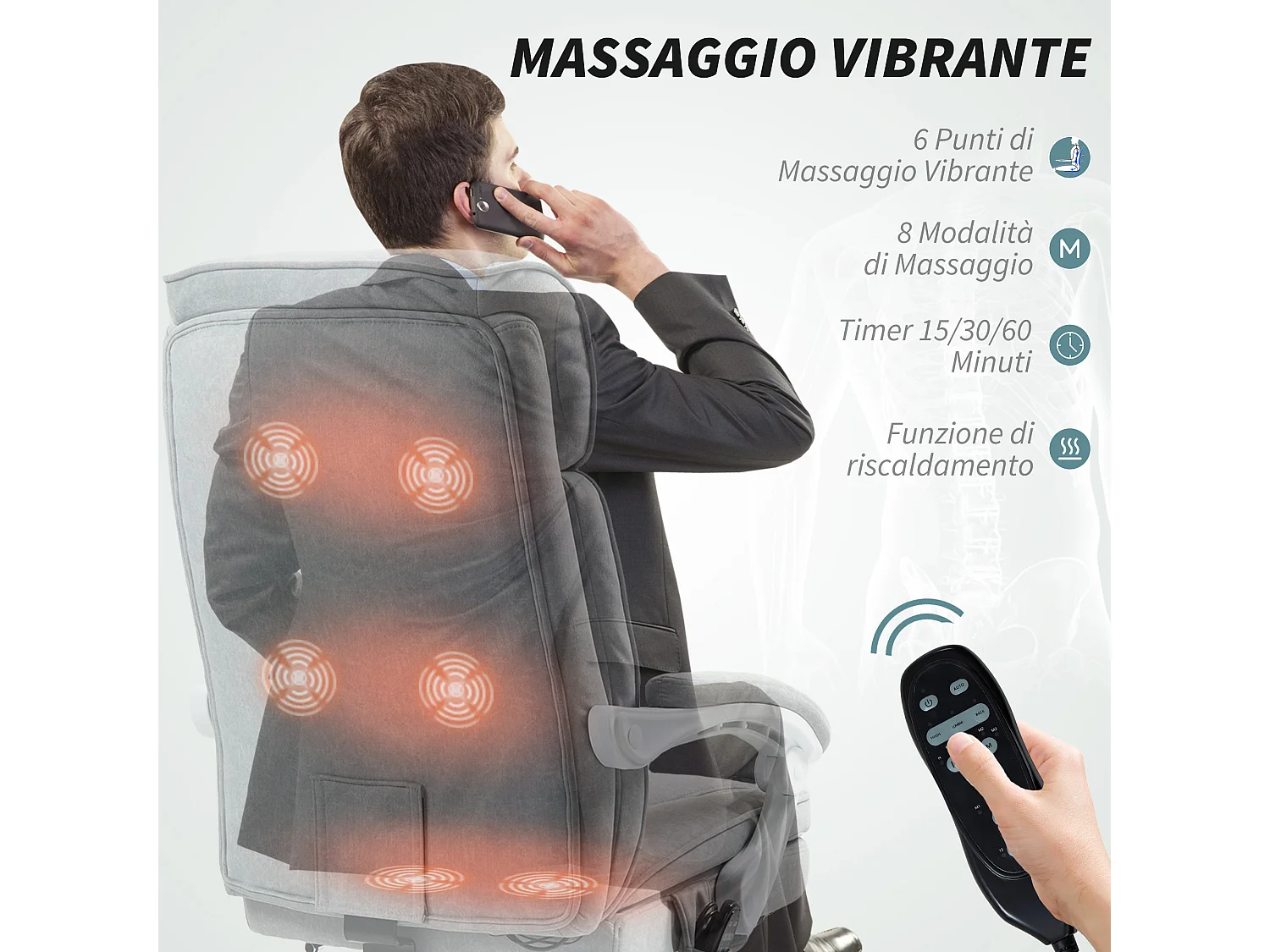 Sedia da ufficio massaggiante riscaldata e reclinabile grigio