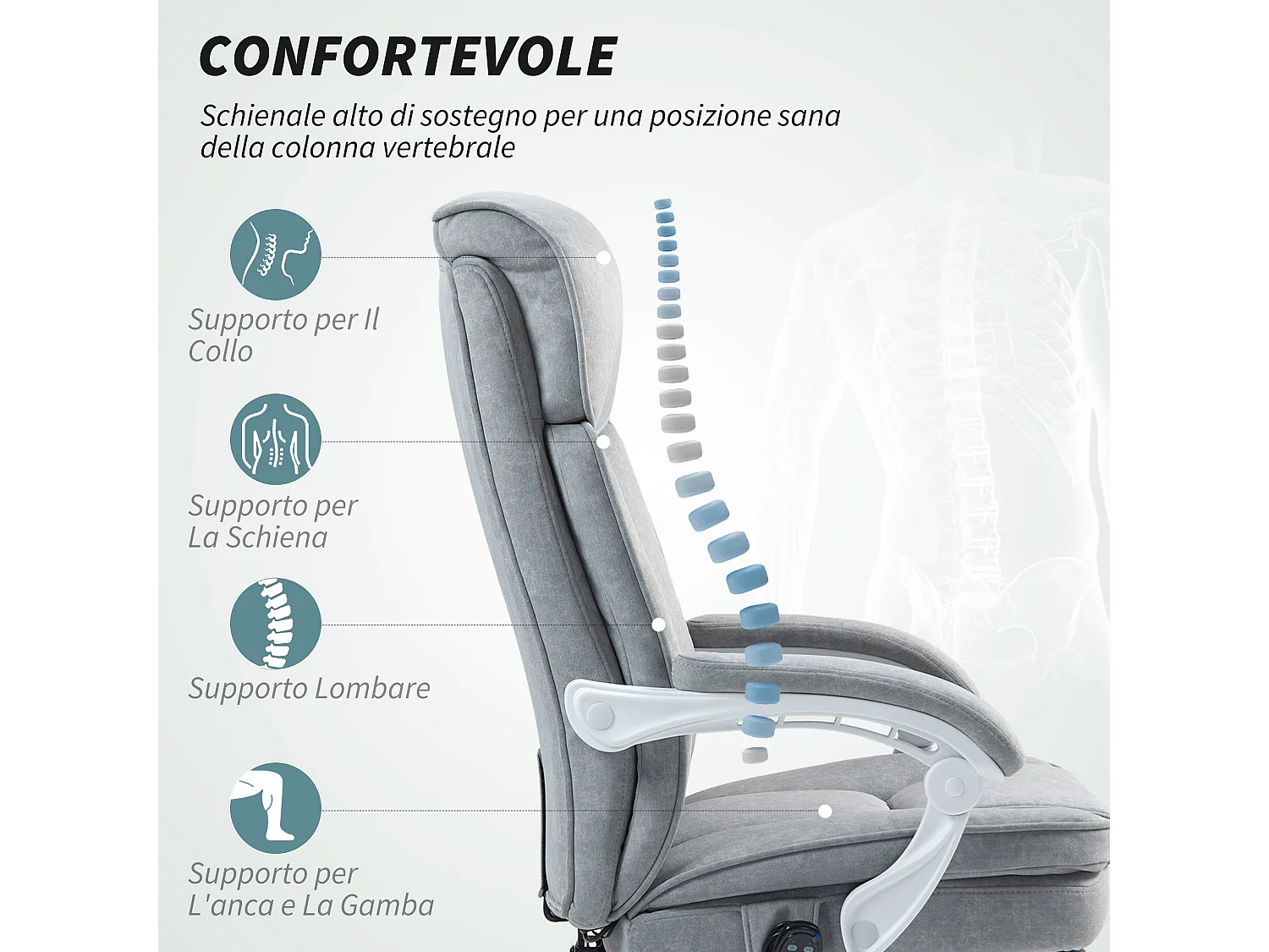 Sedia da ufficio massaggiante riscaldata e reclinabile grigio