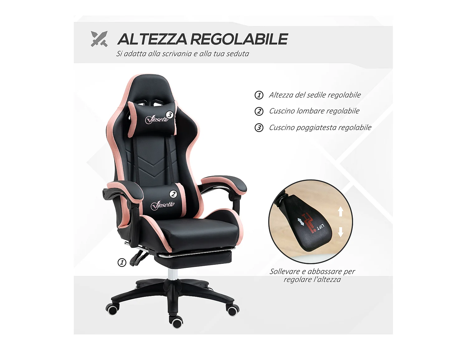 Sedia da gaming ad altezza regolabile 65x65x121-129 cm rosa e nero
