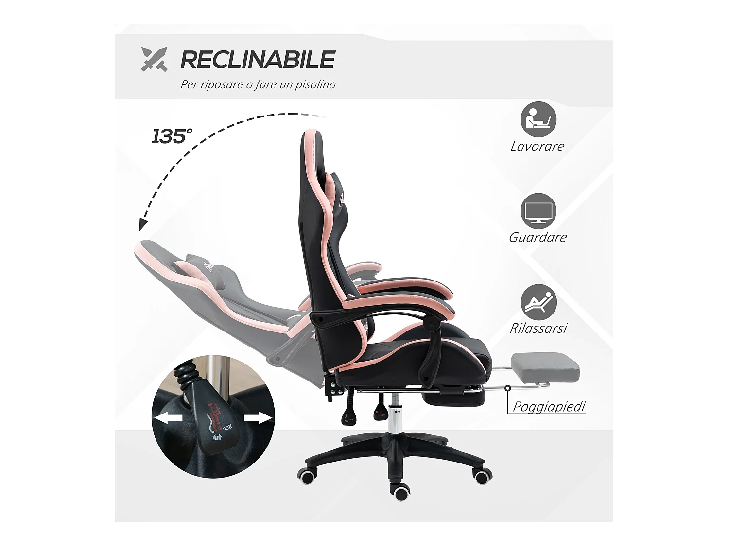 Sedia da gaming ad altezza regolabile 65x65x121-129 cm rosa e nero