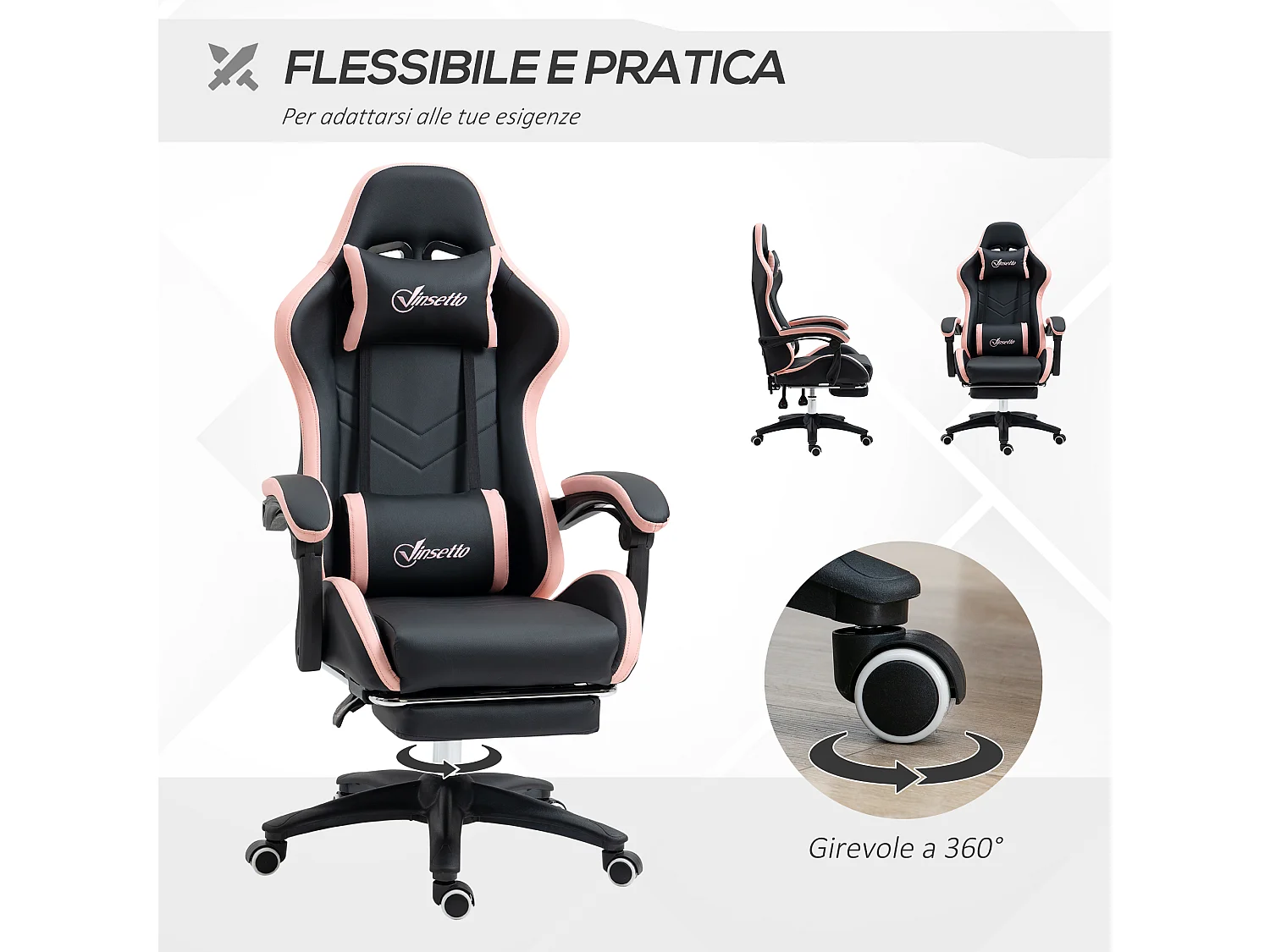 Sedia da gaming ad altezza regolabile 65x65x121-129 cm rosa e nero