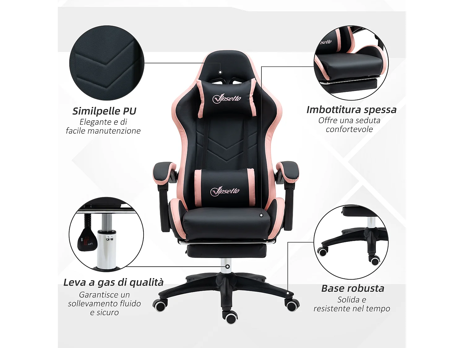 Sedia da gaming ad altezza regolabile 65x65x121-129 cm rosa e nero