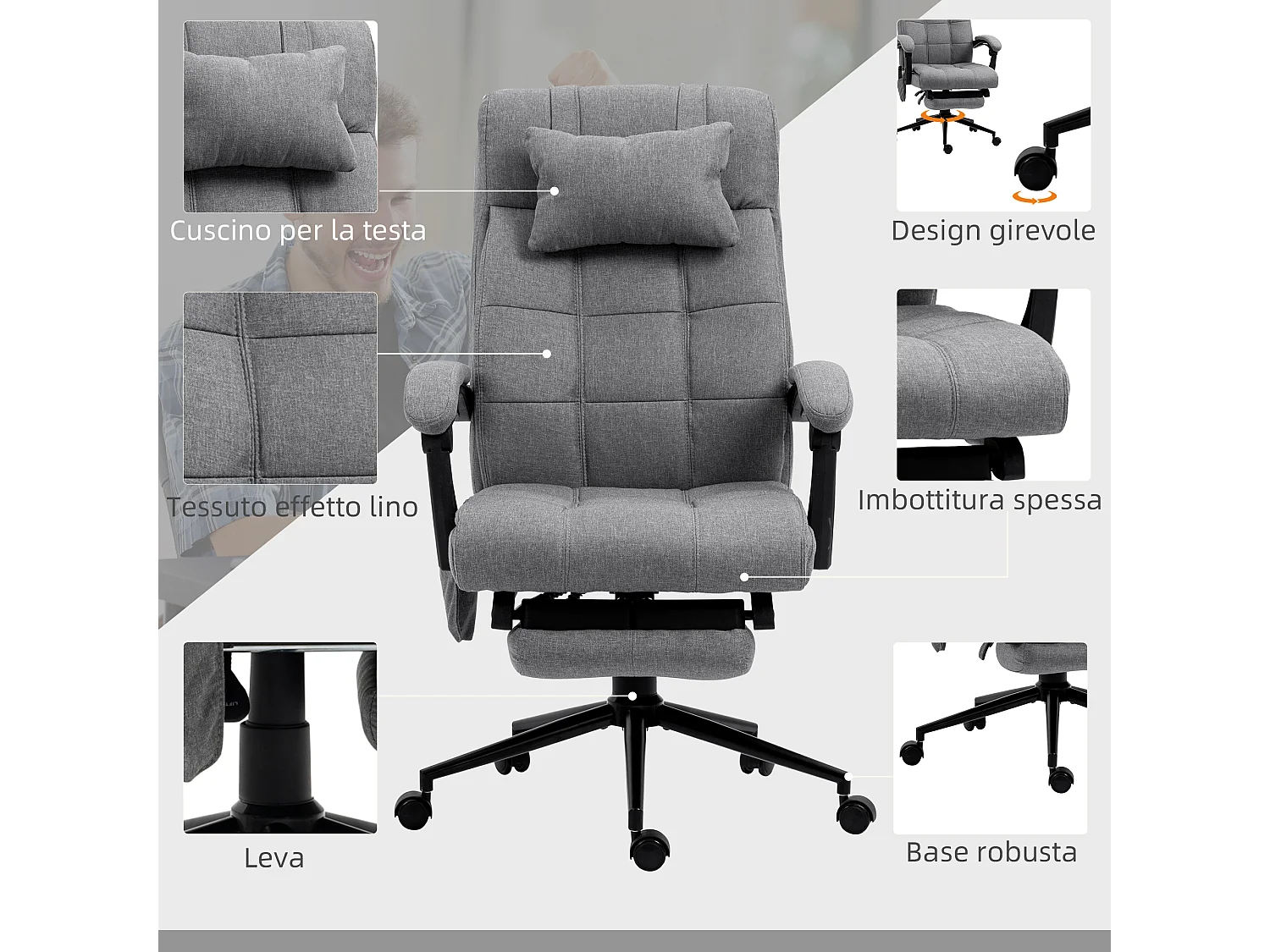 Sedia da ufficio riscaldante con 6 punti massaggio e 5 modalità grigia