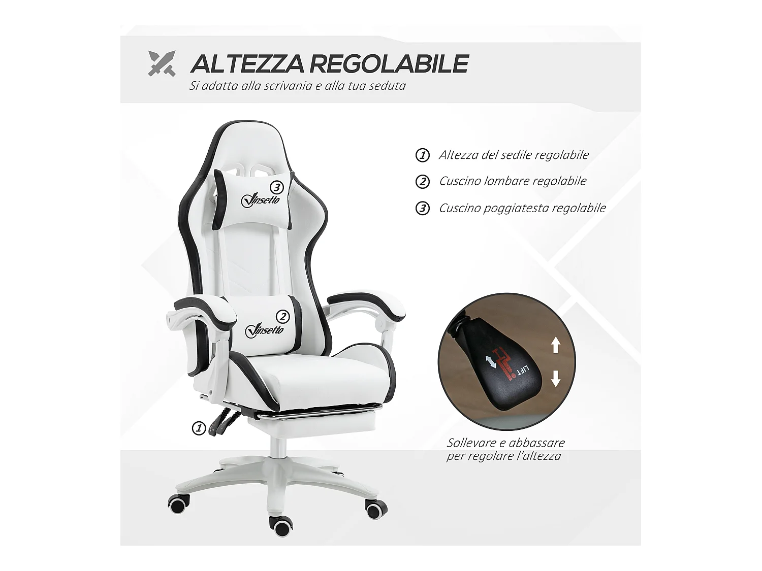 Sedia gaming altezza regolabile con schienale reclinabile nero bianco