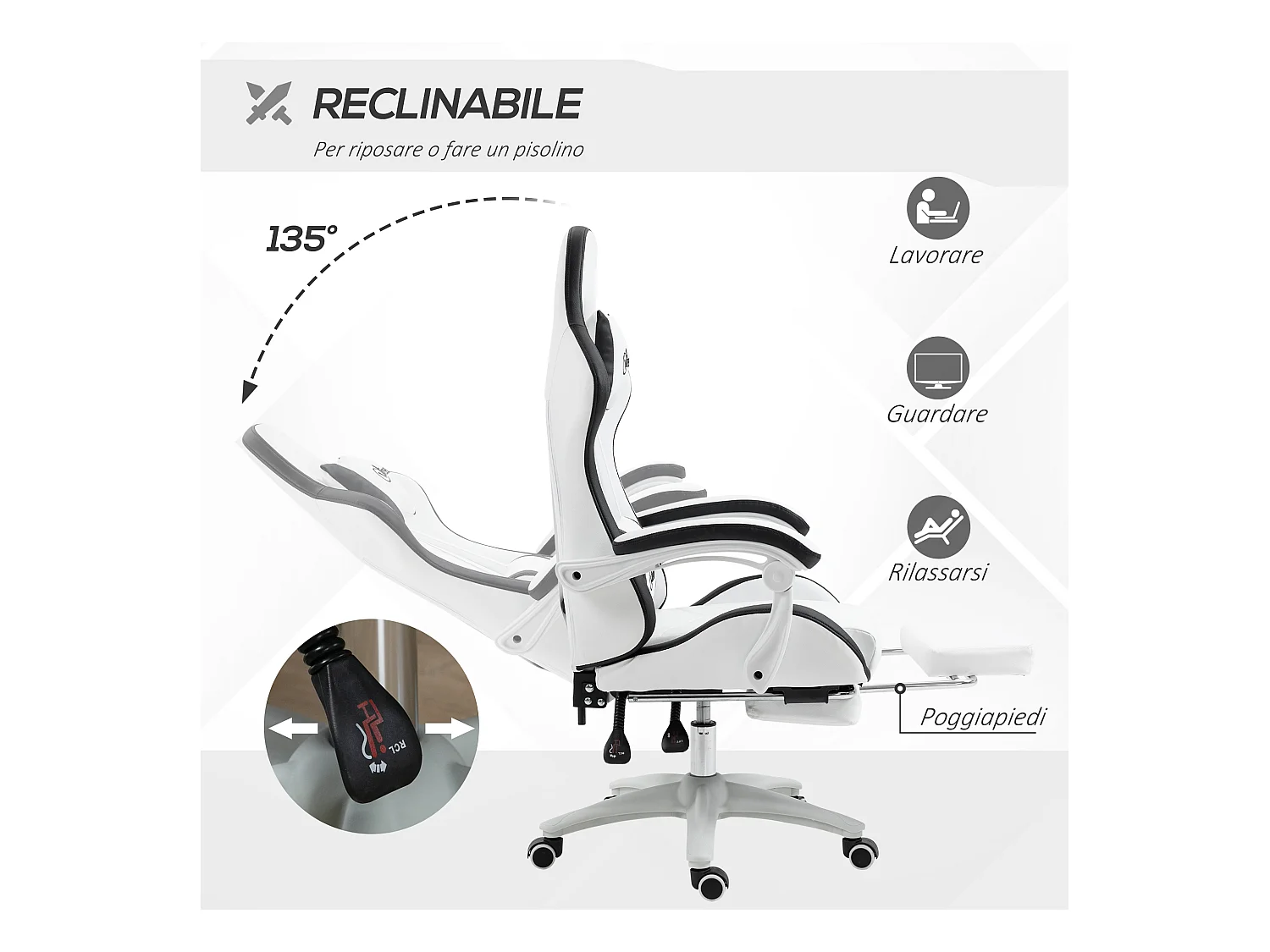 Sedia gaming altezza regolabile con schienale reclinabile nero bianco