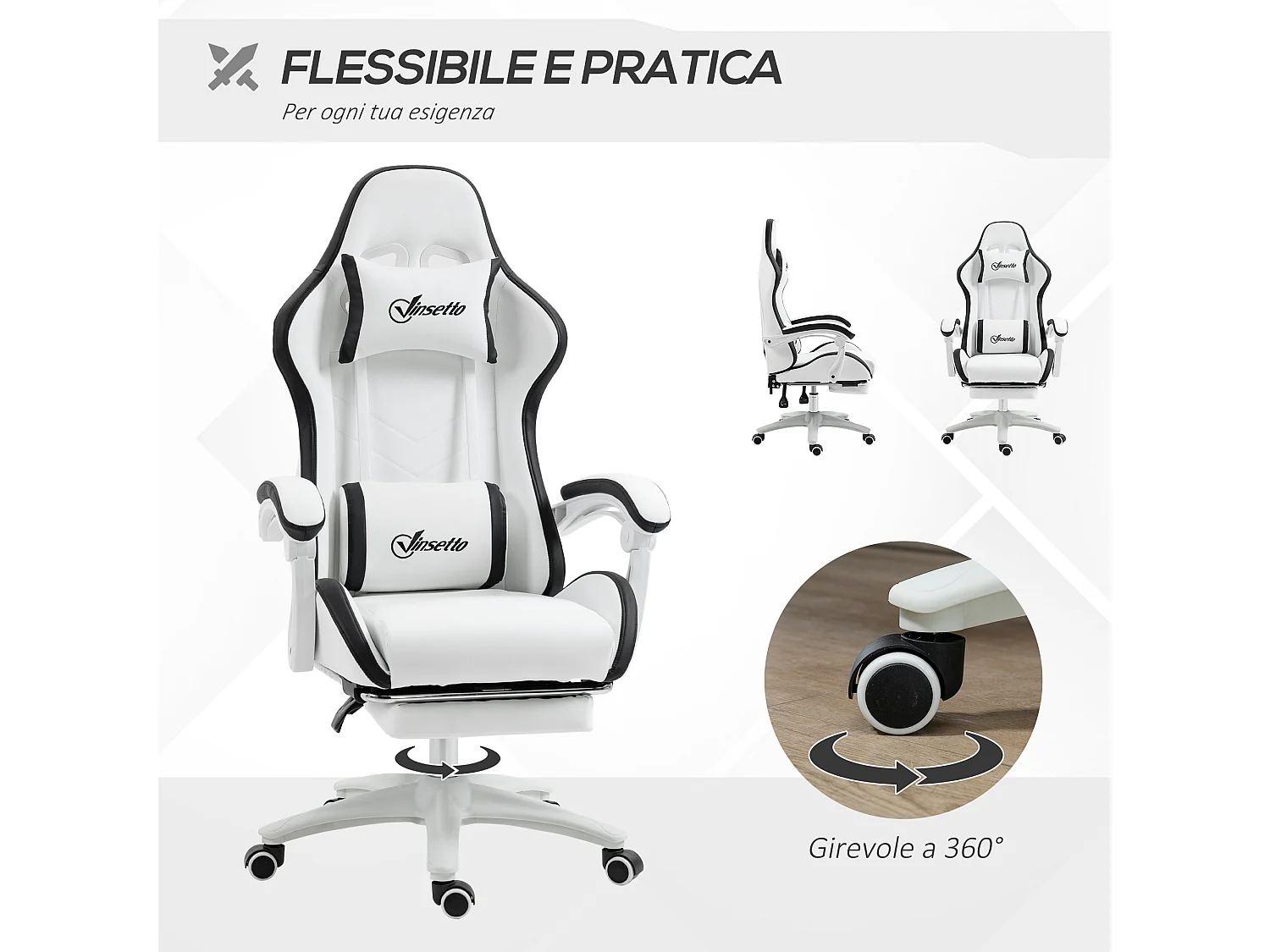 Sedia gaming altezza regolabile con schienale reclinabile nero bianco