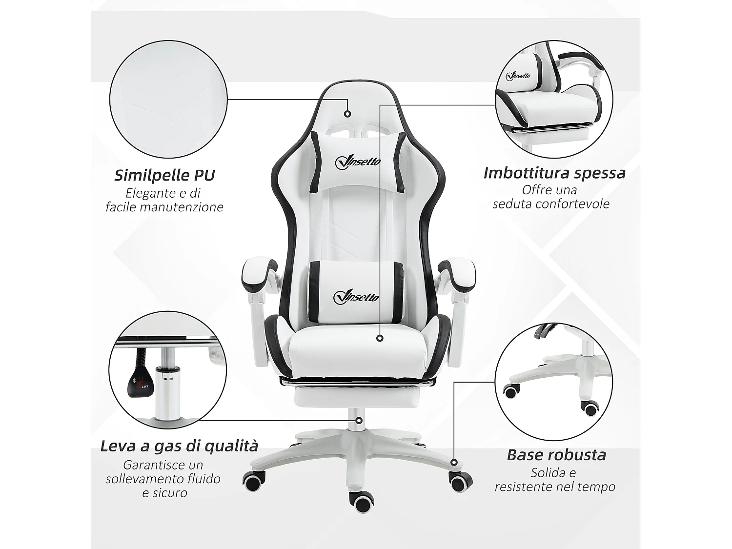 Sedia gaming altezza regolabile con schienale reclinabile nero bianco