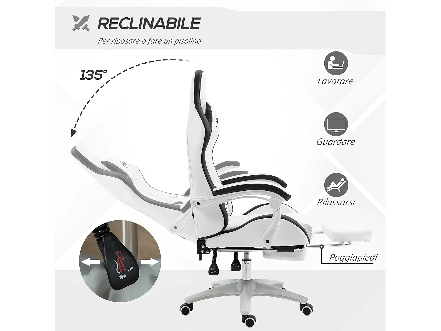 Sedia gaming altezza regolabile con schienale reclinabile nero bianco