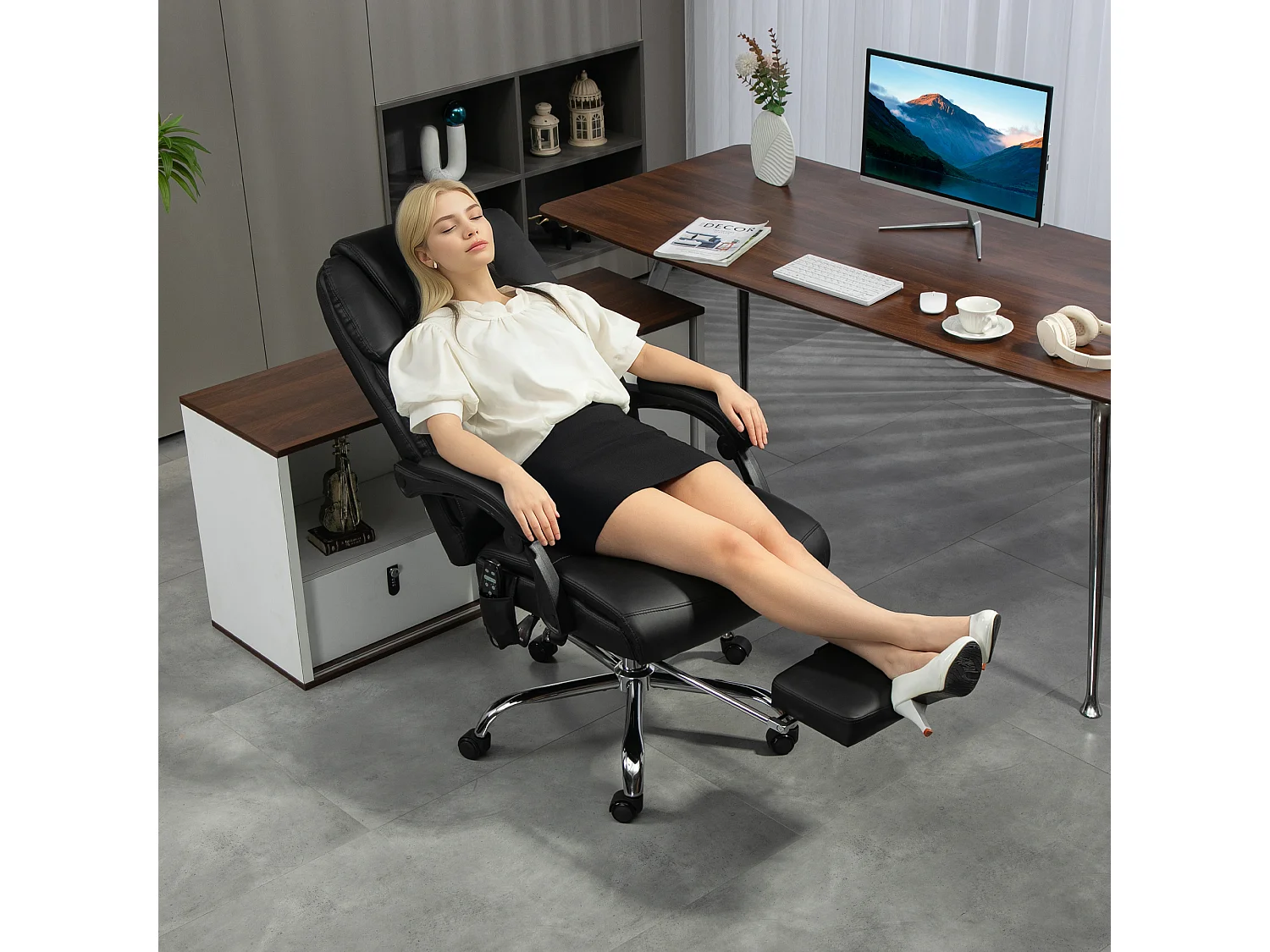 Sedia da ufficio massaggiante riscaldata e reclinabile pelle pu nero