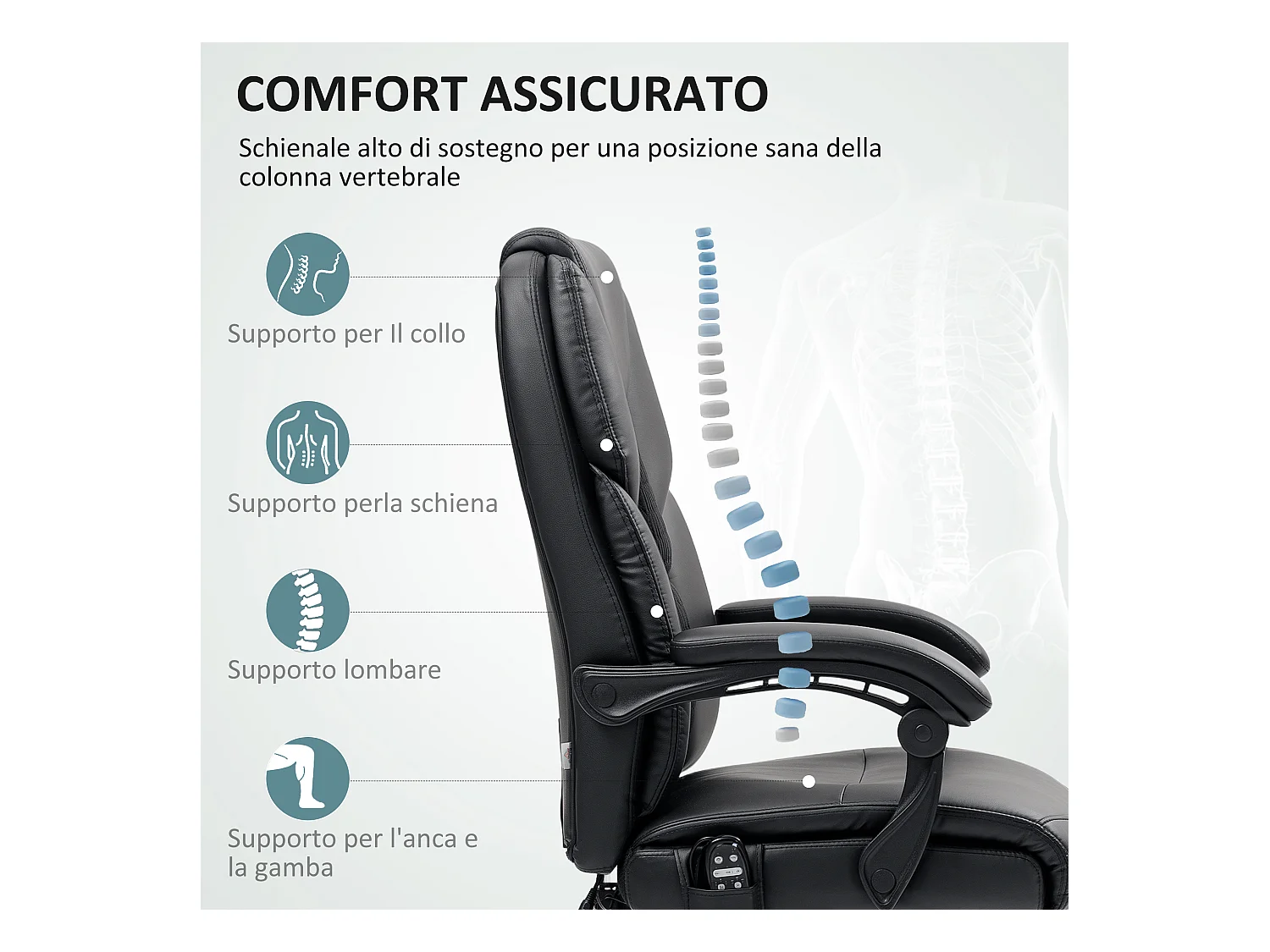 Sedia da ufficio massaggiante riscaldata e reclinabile pelle pu nero