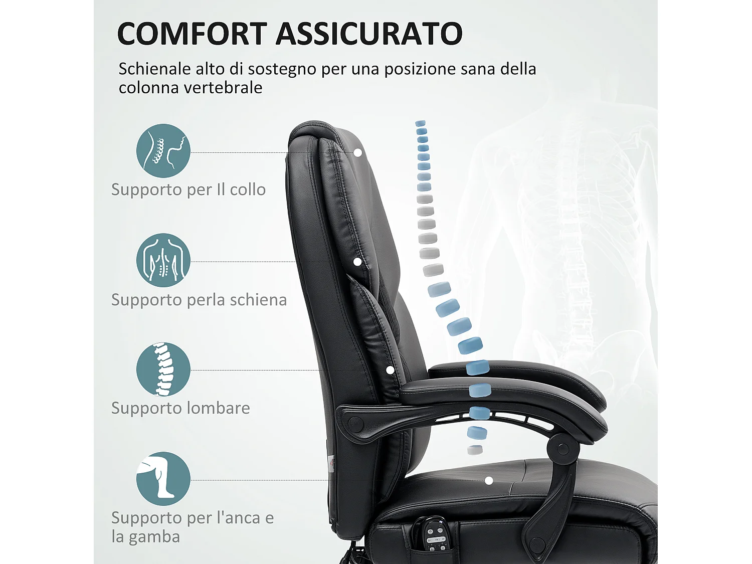 Sedia da ufficio massaggiante riscaldata e reclinabile pelle pu nero