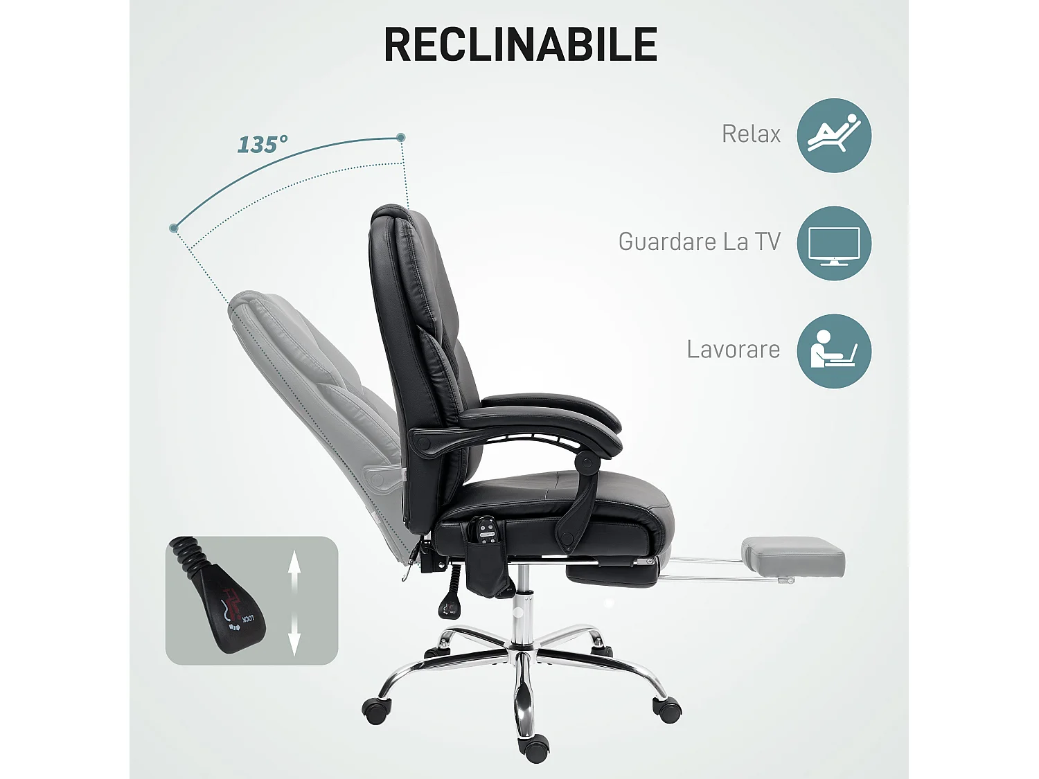 Sedia da ufficio massaggiante riscaldata e reclinabile pelle pu nero