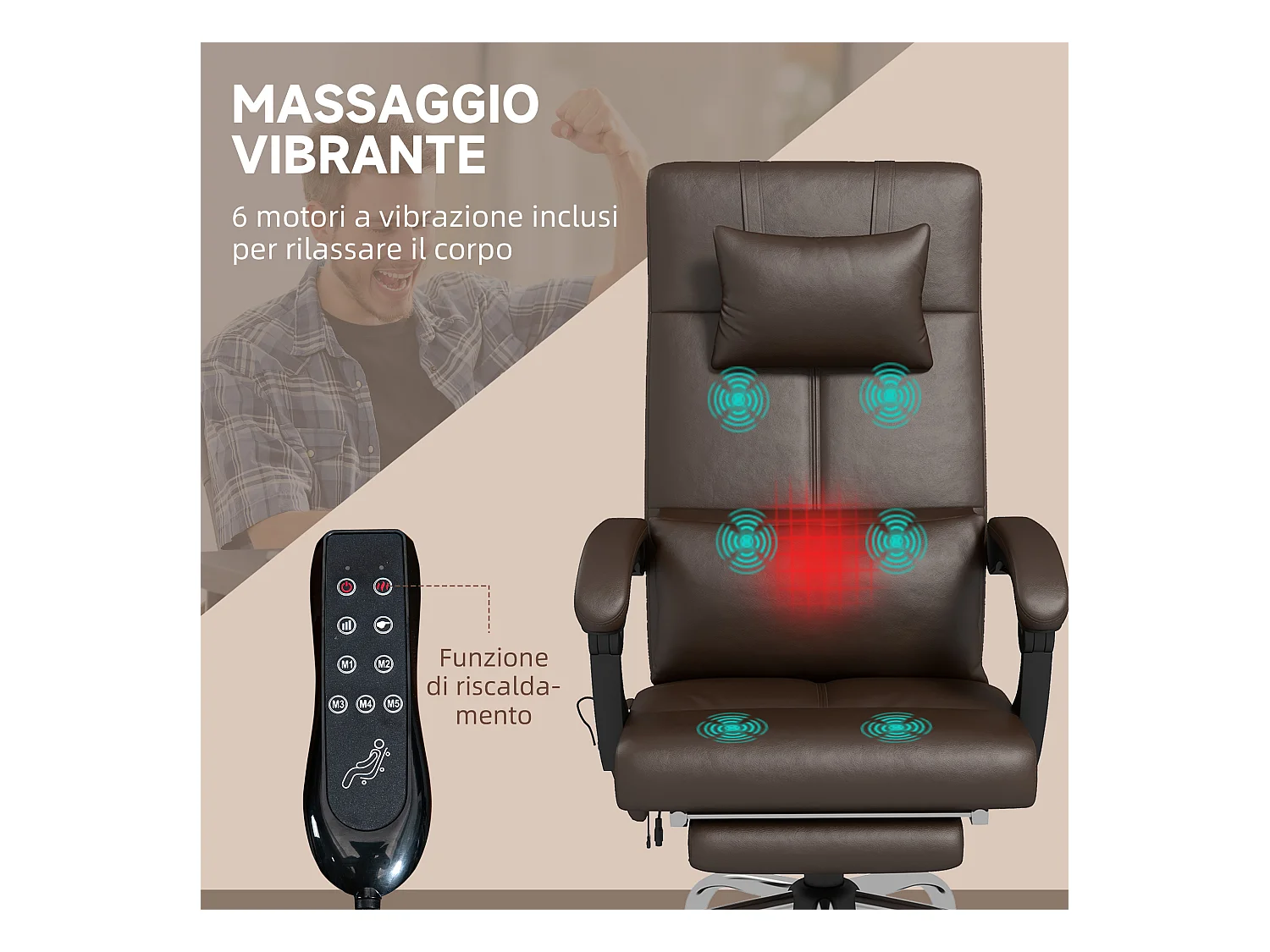 Sedia da ufficio massaggiante ad altezza regolabile pelle pu marrone