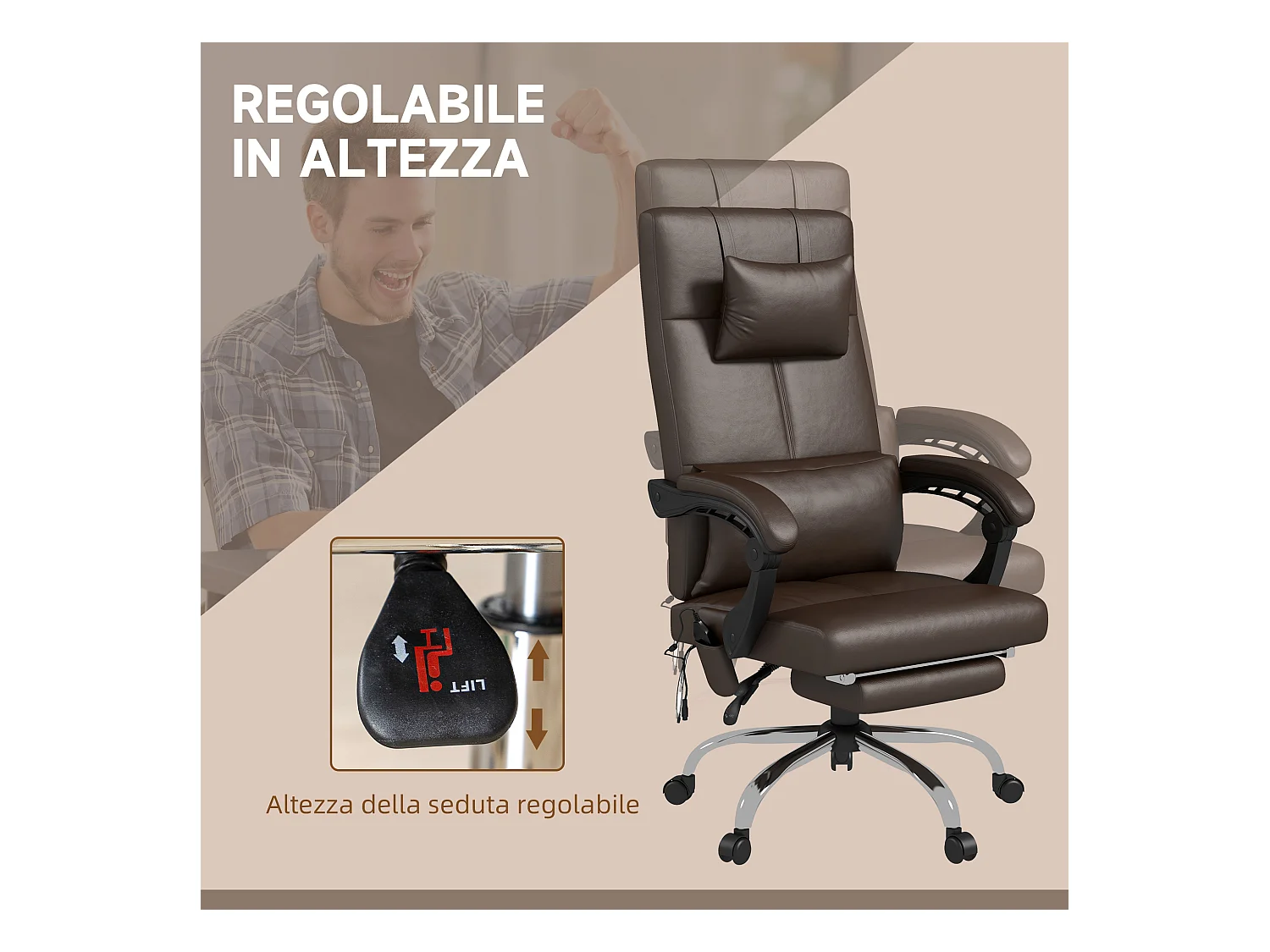 Sedia da ufficio massaggiante ad altezza regolabile pelle pu marrone