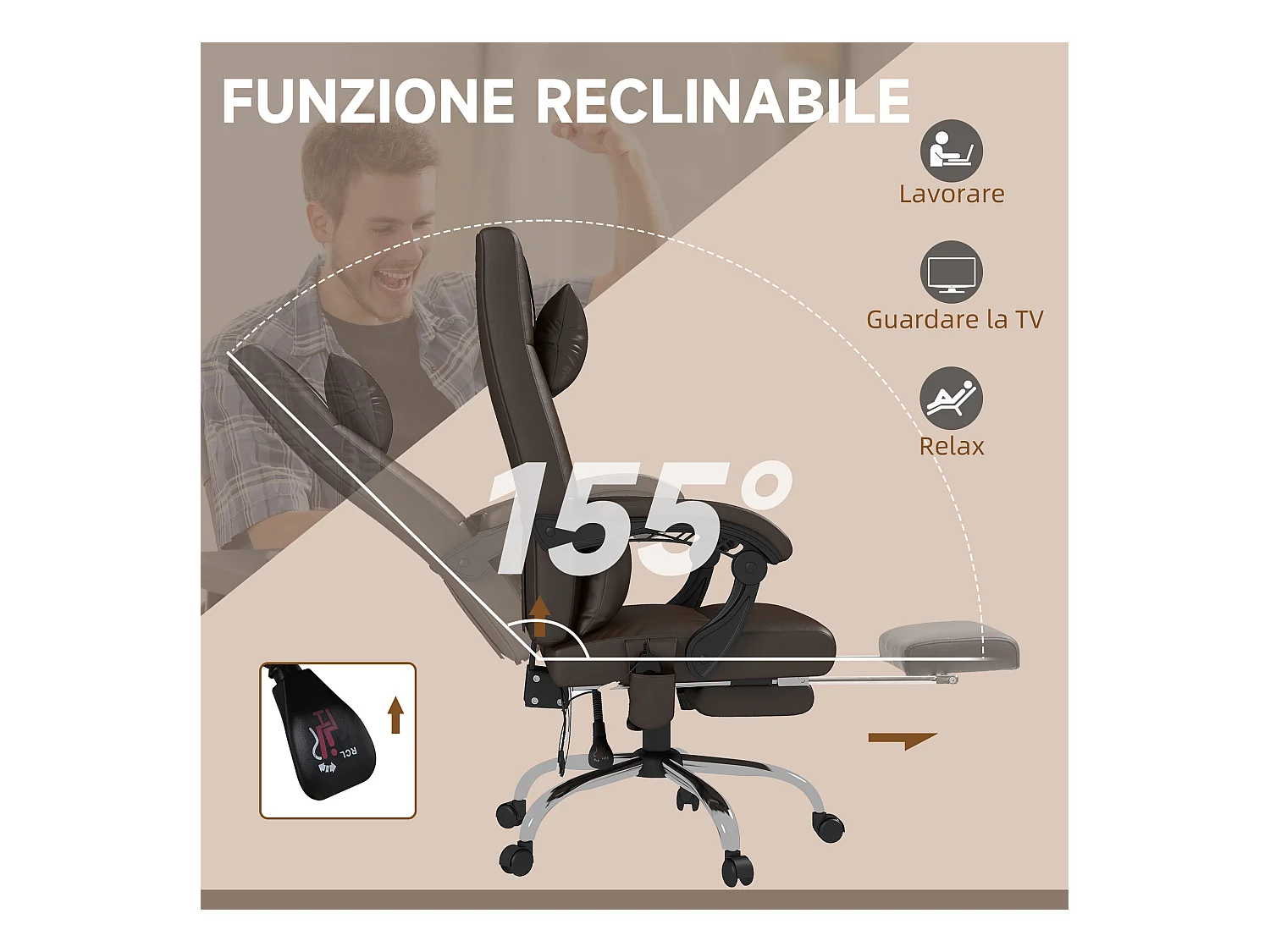 Sedia da ufficio massaggiante ad altezza regolabile pelle pu marrone