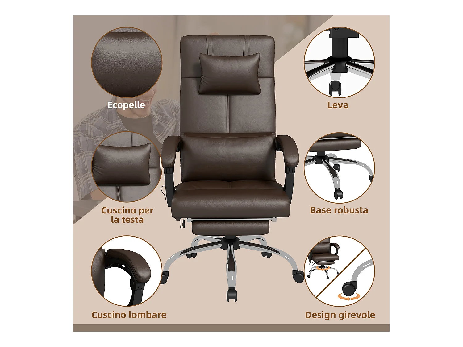 Sedia da ufficio massaggiante ad altezza regolabile pelle pu marrone