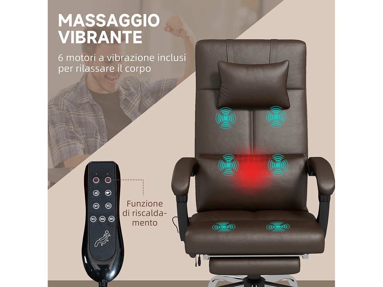 Sedia da ufficio massaggiante ad altezza regolabile pelle pu marrone