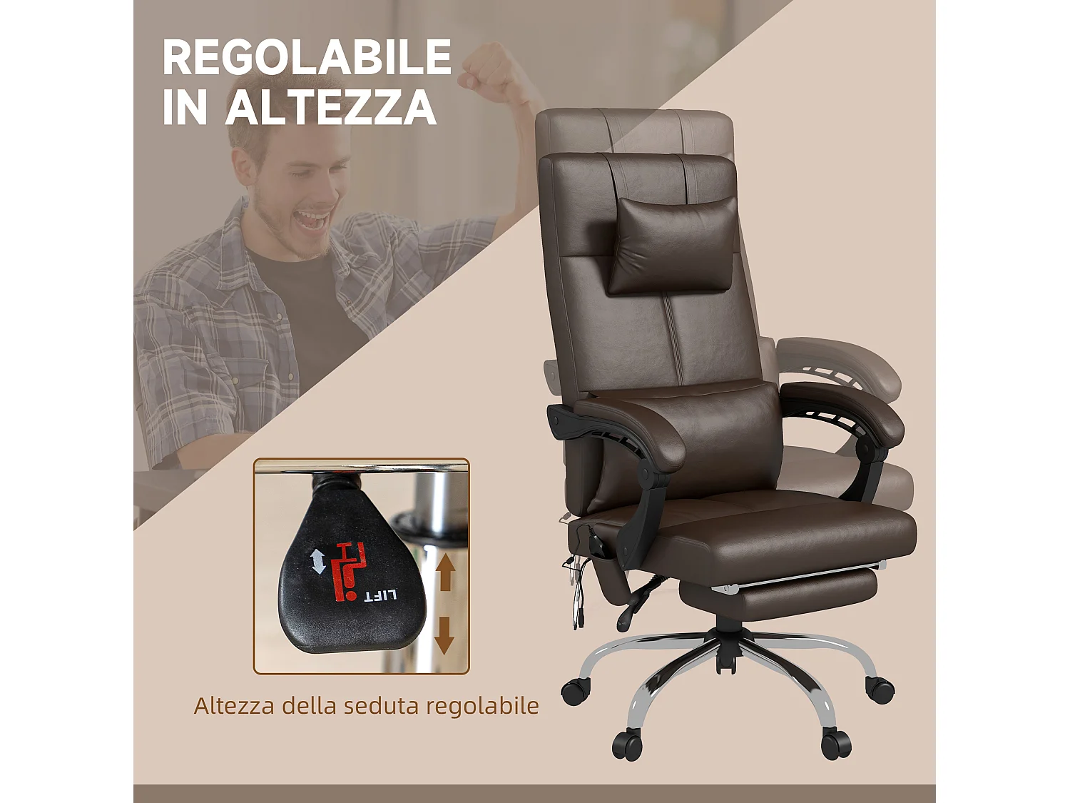 Sedia da ufficio massaggiante ad altezza regolabile pelle pu marrone