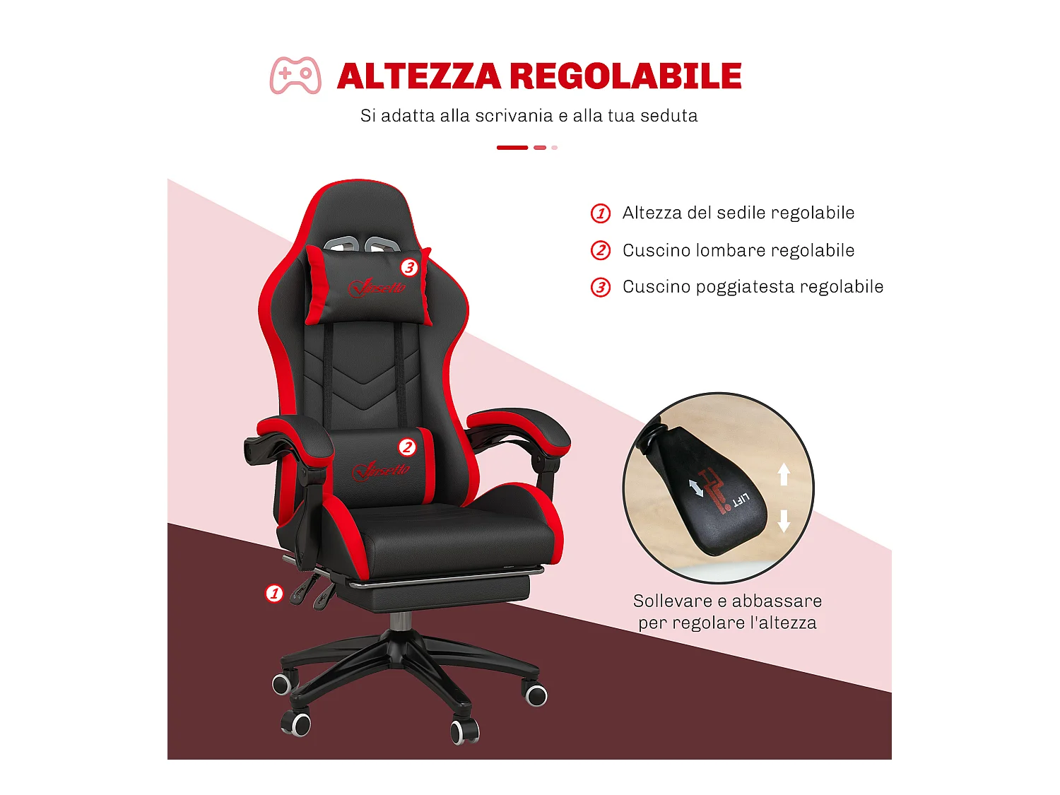 Sedia gaming altezza regolabile con schienale reclinabile nero rosso