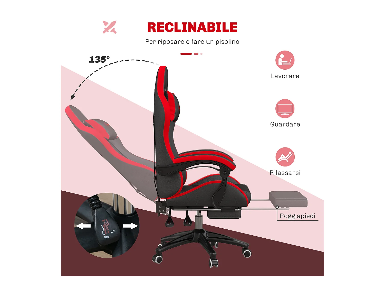 Sedia gaming altezza regolabile con schienale reclinabile nero rosso