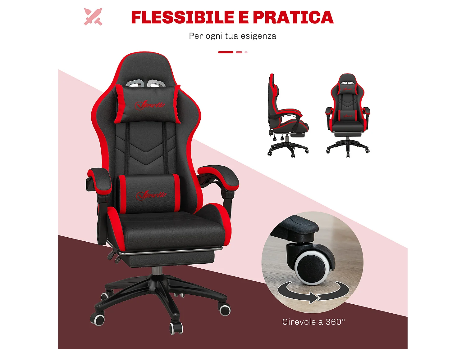 Sedia gaming altezza regolabile con schienale reclinabile nero rosso
