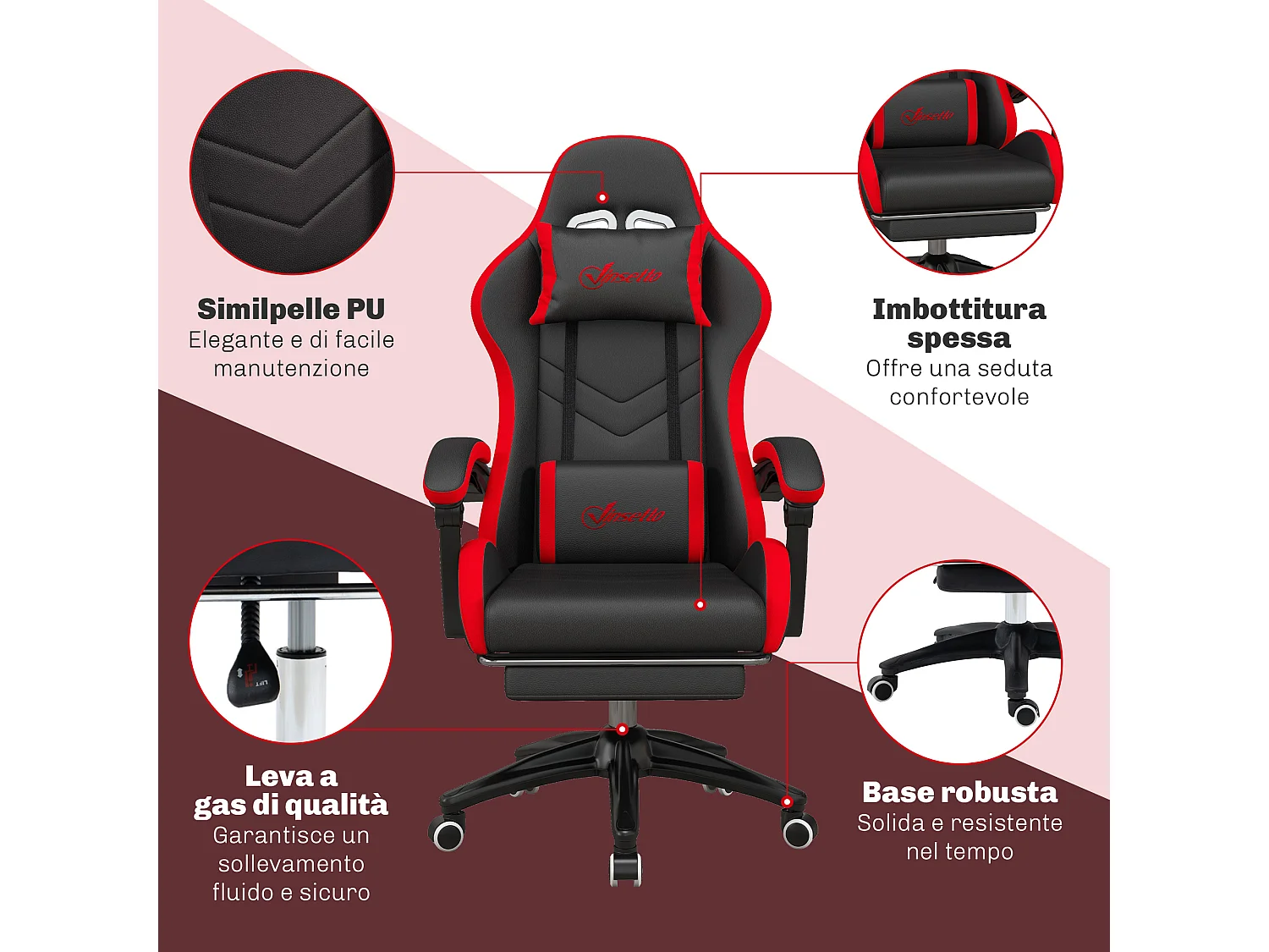 Sedia gaming altezza regolabile con schienale reclinabile nero rosso