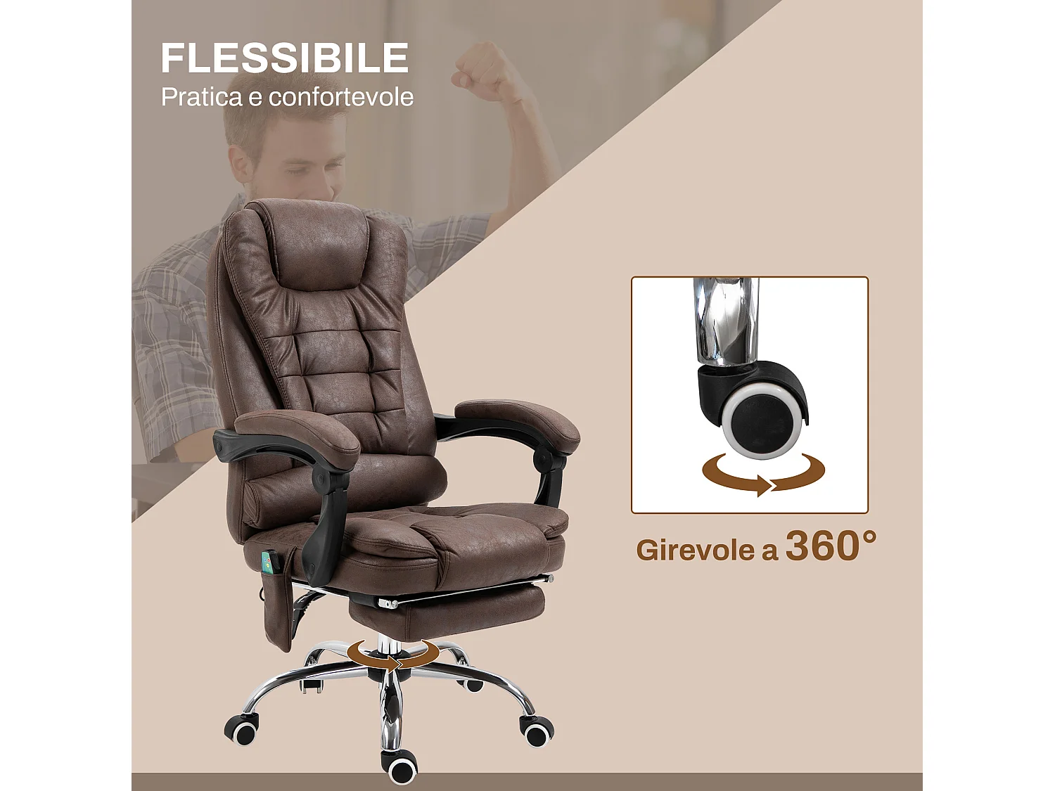 Poltrona da ufficio massaggiante con riscaldamento marrone