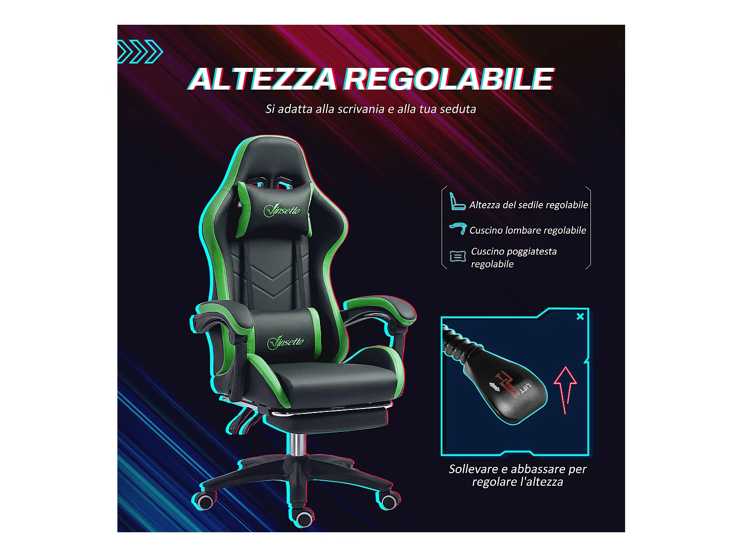Sedia gaming altezza regolabile con schienale reclinabile nero verde
