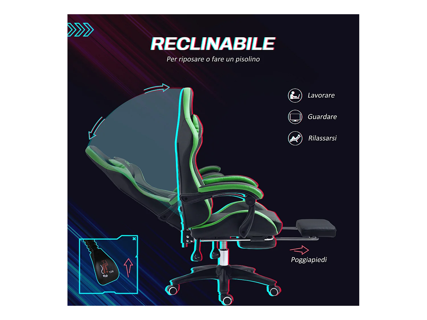 Sedia gaming altezza regolabile con schienale reclinabile nero verde