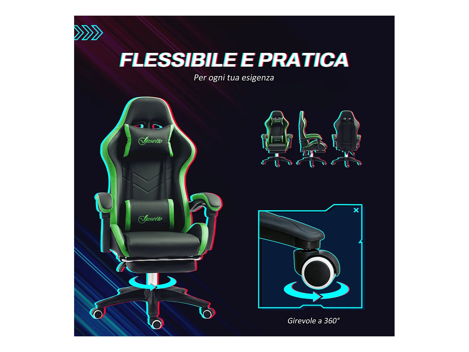 Sedia gaming altezza regolabile con schienale reclinabile nero verde