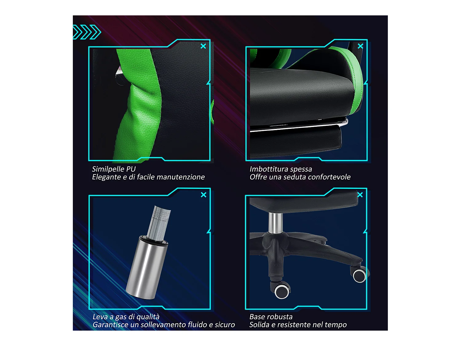 Sedia gaming altezza regolabile con schienale reclinabile nero verde