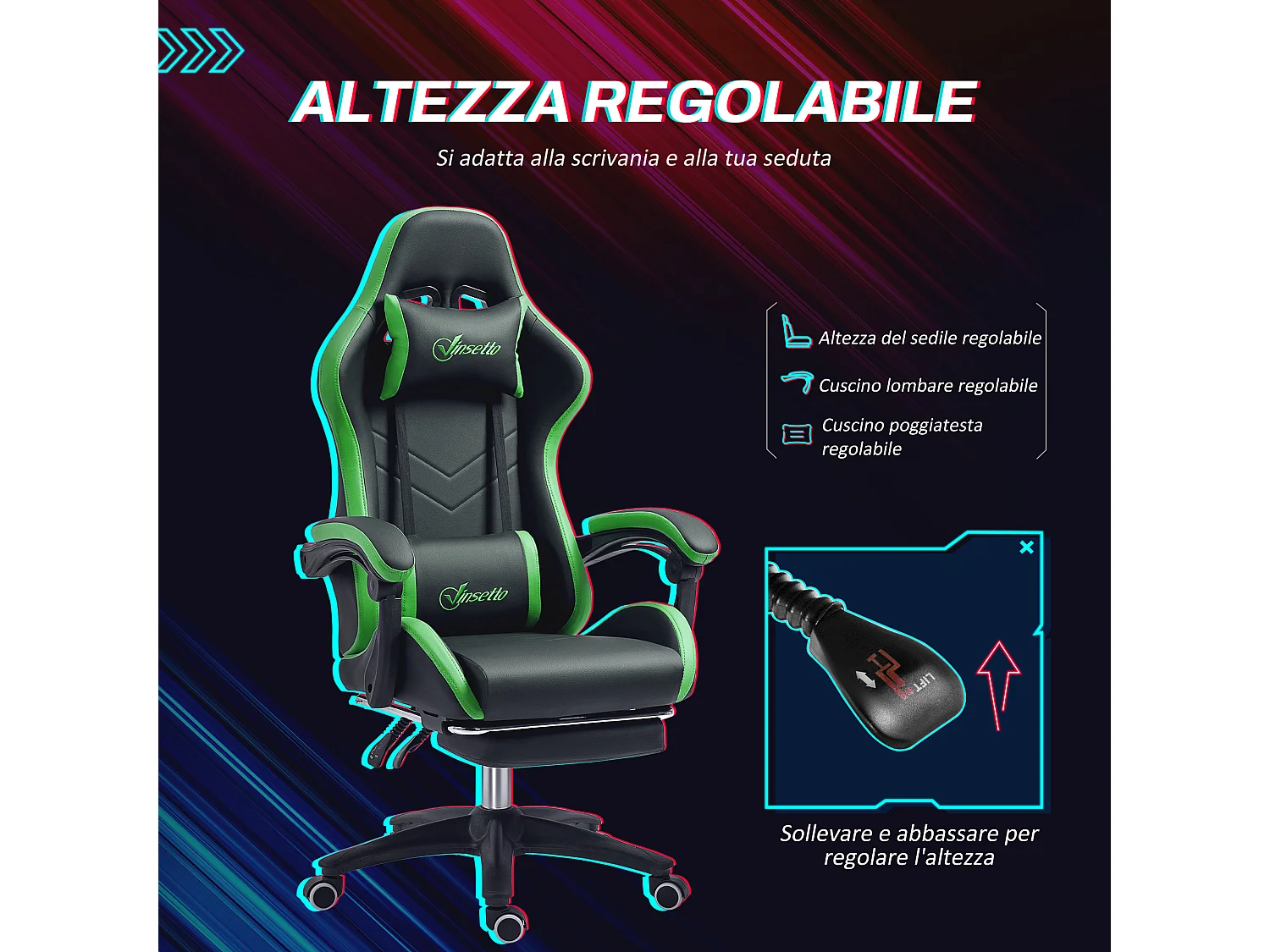 Sedia gaming altezza regolabile con schienale reclinabile nero verde