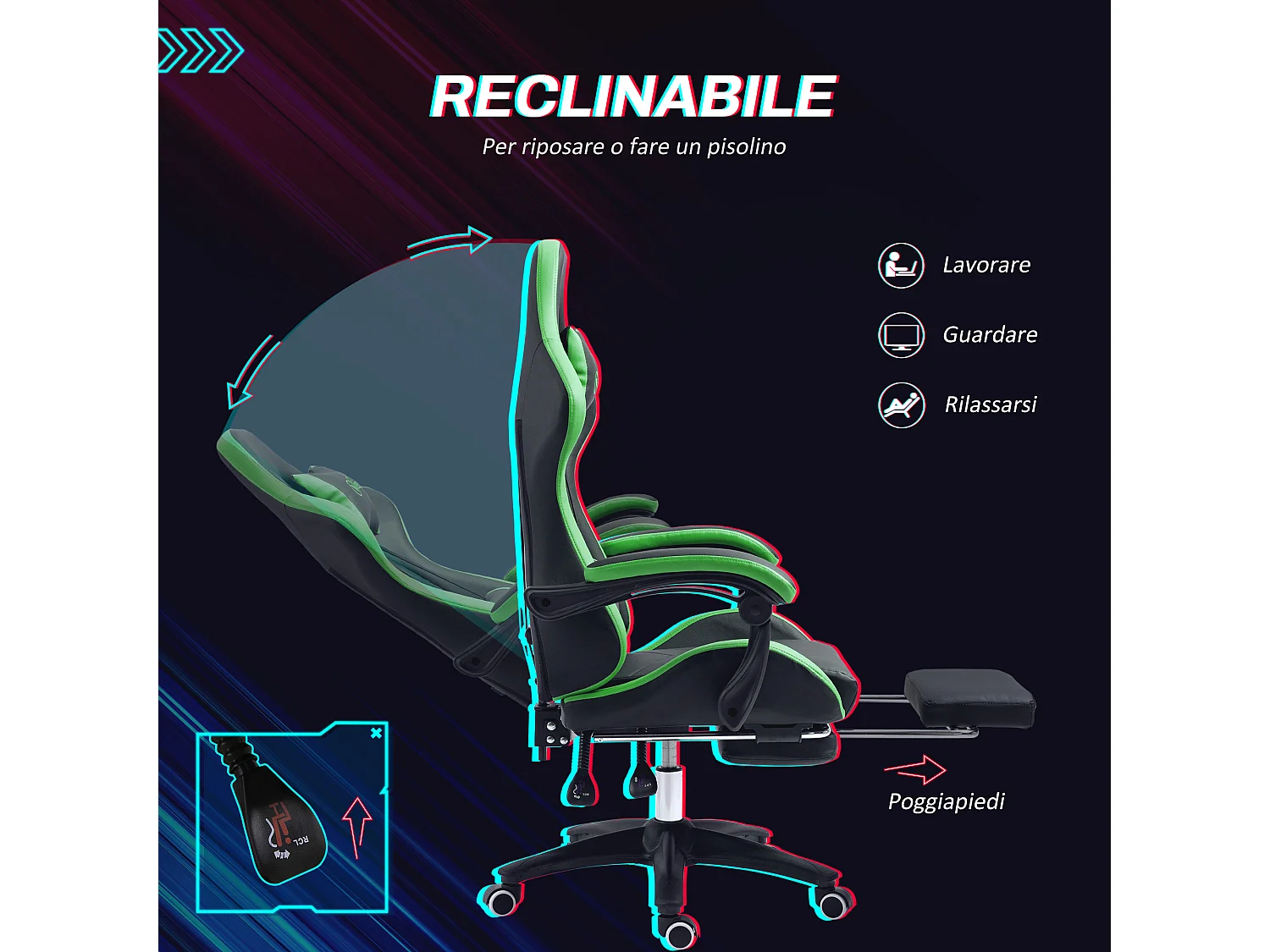 Sedia gaming altezza regolabile con schienale reclinabile nero verde