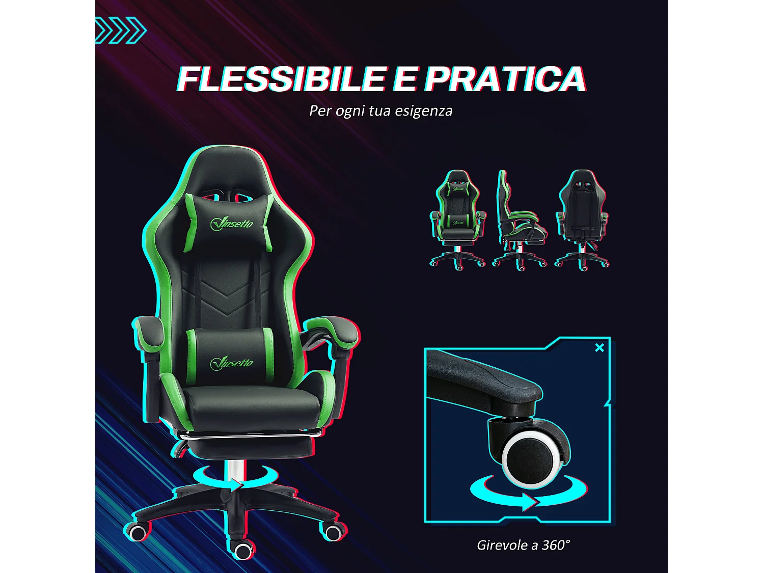 Sedia gaming altezza regolabile con schienale reclinabile nero verde